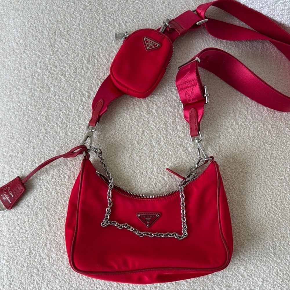 Red Nylon Shoulder Bag with Chain Accent